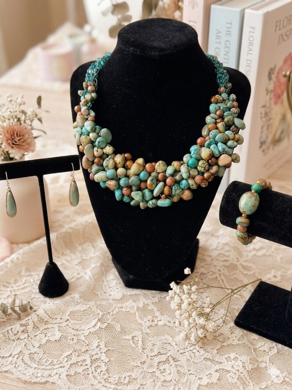 Vintage MT Signed Sterling Silver Turquoise Nugget Cluster 3Pc Jewelry Set